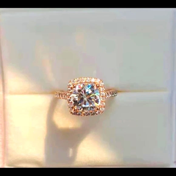 Solid 14k Rose Gold 3ct Cushion Moissanite Ring with Side & Halo Stones