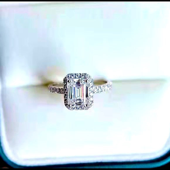 Solid 14k Gold 2ct Emerald Cut Moissanite Ring with Side & Halo Stones