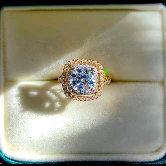 Solid 14k Gold 2ct Moissanite Ring (2-tone) With Double Halo & Side Stones
