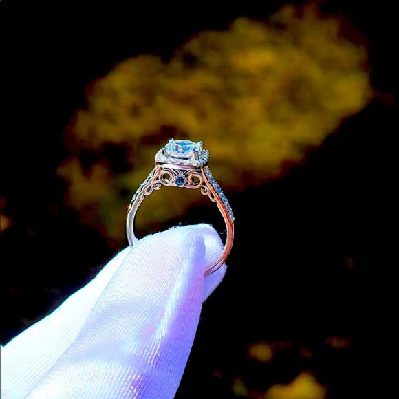 Solid 10k Gold 2ct Cushion Moissanite Ring with Halo & Topaz