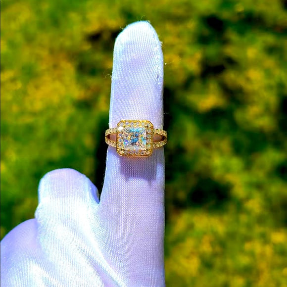 Solid 14k Gold 2ct Princess Moissanite Ring with Halo and Side Stones