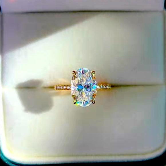 Solid 18k Gold 4.5ct Oval Moissanite Ring with Side & Hidden Halo Stones