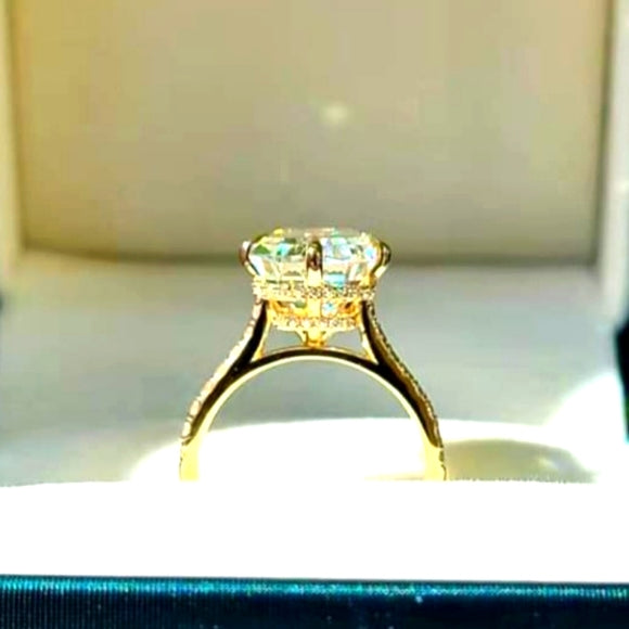 Solid 14k Gold 8ct Emerald Moissanite Ring with Side & Hidden Halo Stones