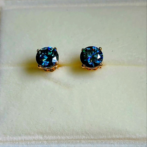 Solid 14k Gold 2ct Royal Blue Moissanite Earrings
