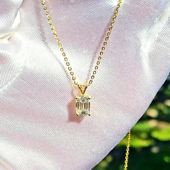 Solid 18k Gold 2ct Emerald Cut Moissanite Necklace