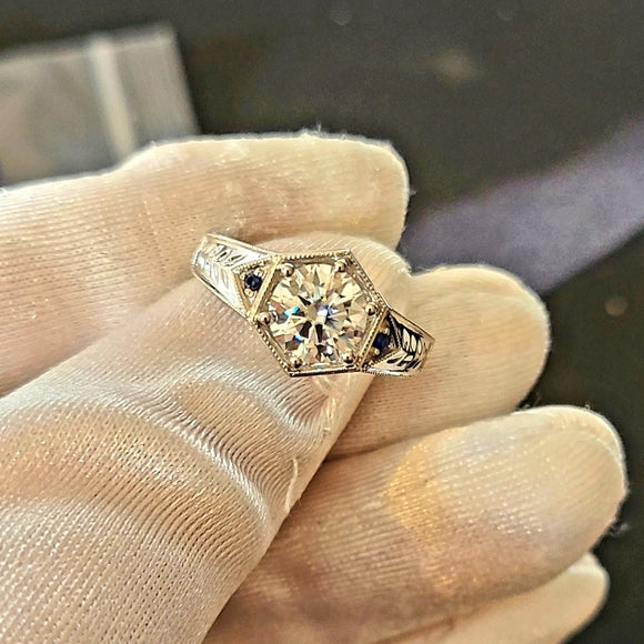 Solid 14k Gold 1.2ct Moissanite Ring with Side Natural Blue Sapphire
