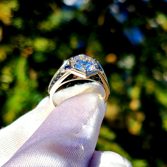 Solid 14k Gold 1.2ct Moissanite Ring with Side Natural Blue Sapphire
